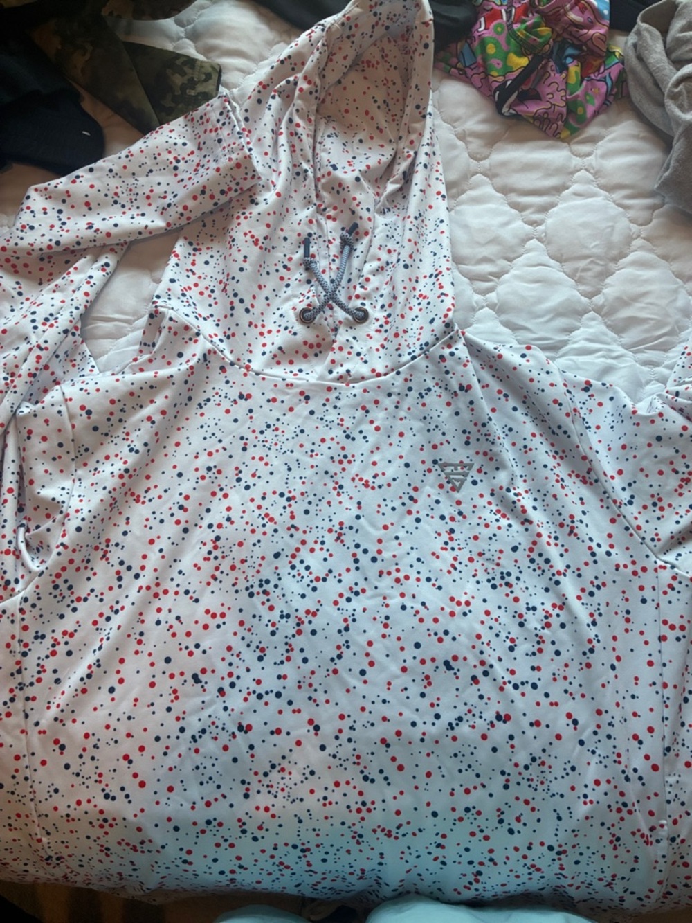 Men's Lightweight Hooded Long-Sleeve Shirt - White with Red & Navy Dot Print